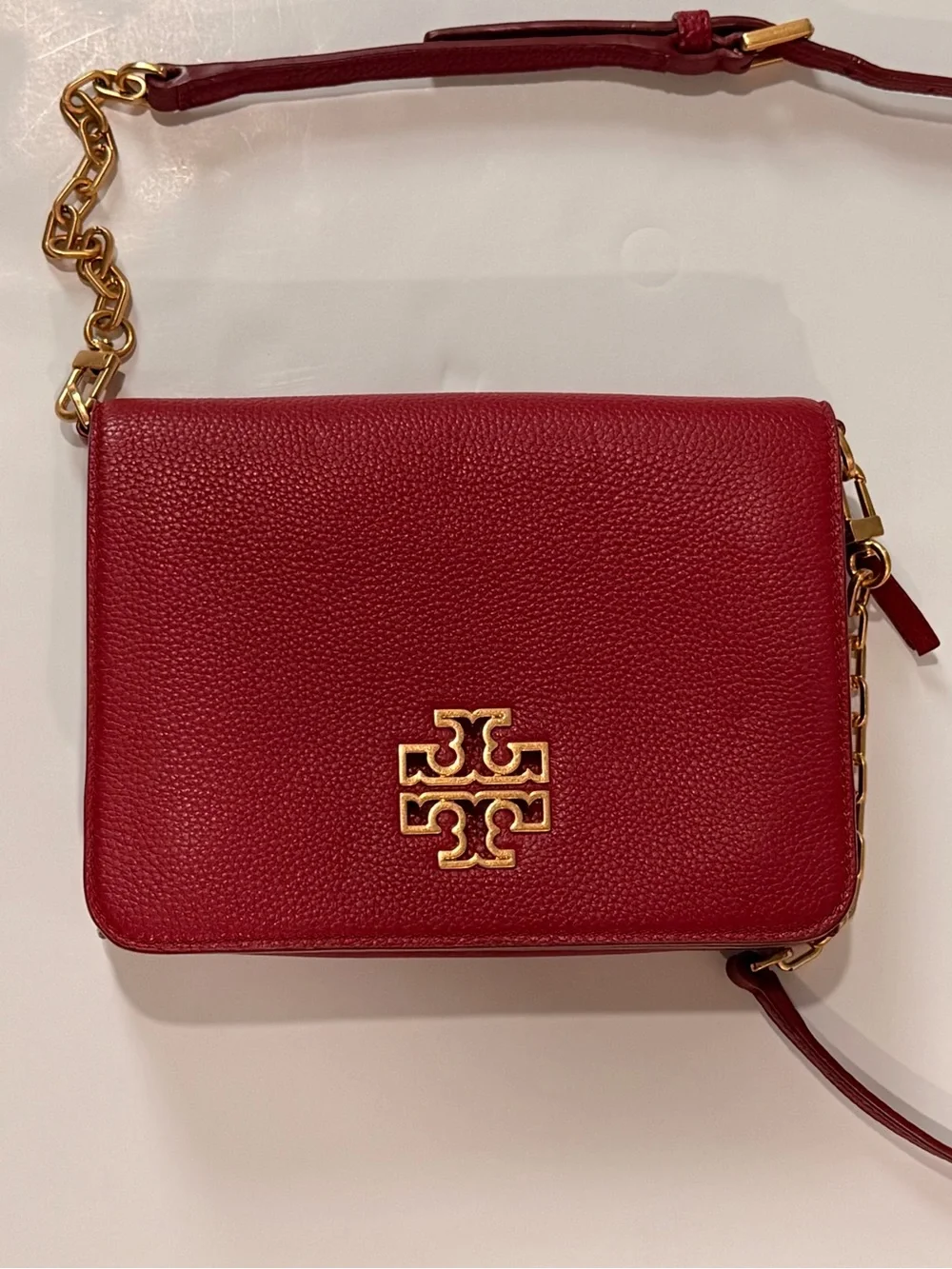 Tory Burch Red Pebbled Leather Chain Strap Flap Crossbody